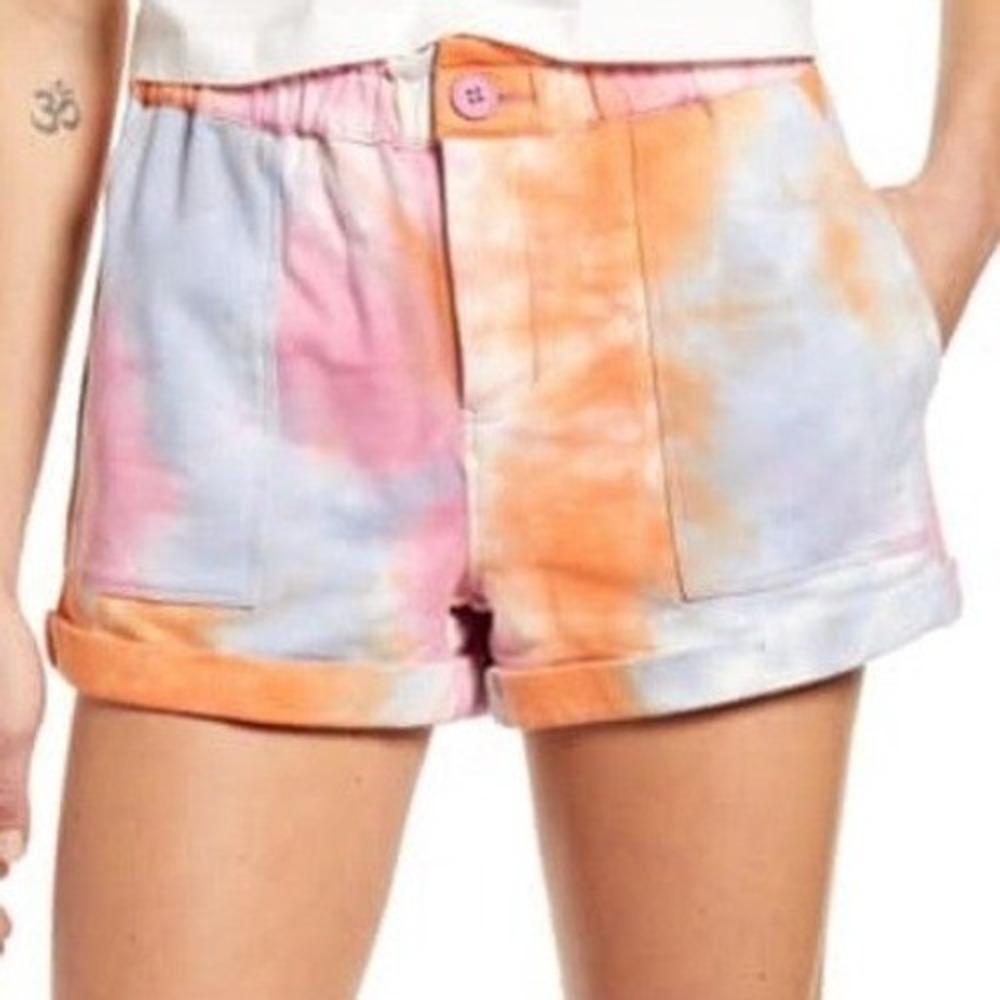 Blank NYC Womens Pastel Tie‎ Dye Paperbag Waist Shorts Pink Orange Blue Size M